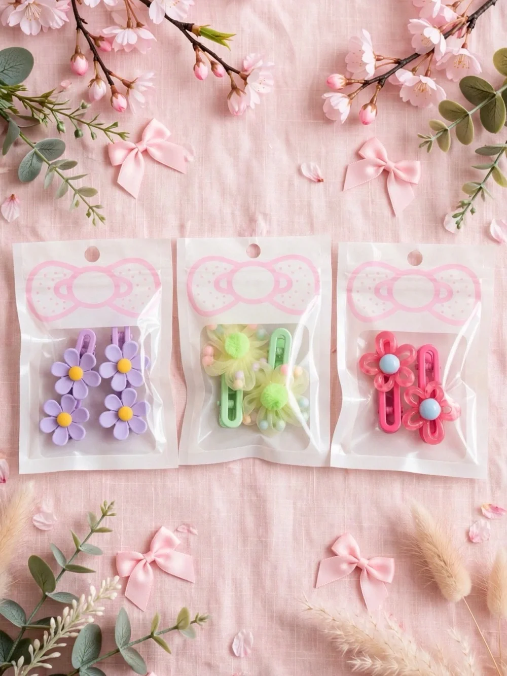 Cute Flower Hair Clip Trio - Pastel Purple, Lime, Pink